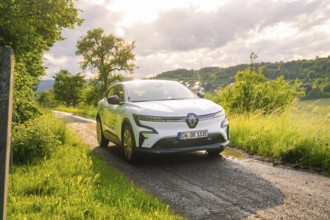 Car on a sunny path through a green, cloudy landscape, Deer E- CarSharing, Renault Megane electric