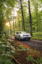 Renault on a forest path, green forest environment flooded with sunlight, Deer E- CarSharing,
