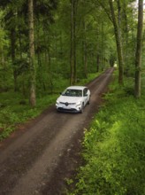 Car on a green forest path, surrounded by dense forest, Deer E- CarSharing, Renault Megane electric
