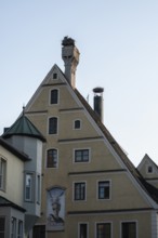 White storks (Ciconia ciconia) on the stork house, Memmingen, Bavaria, Germany