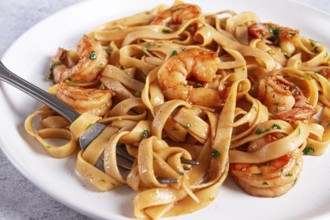 Fettuccine pasta with shrimp, spicy in soy sauce, on a grey plate with a fork, close-up