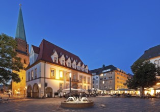 Old Market with Old Town Nicolai Church and TAM Theatre in the evening, Bielefeld, East