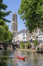 The old town centre of Utrecht, Oudegracht, around 2 km long with many old houses, cathedral tower,