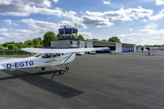 Schwarze Heide airfield, in Hünxe, northern Ruhr area, commercial airfield, tower, apron, hangar,
