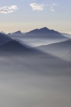 Mountain silhouettes... Alpine peaks and mountain ranges, Bavarian Alps, romantic view from