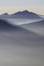 Mountain silhouettes... Alpine peaks and mountain ranges, Bavarian Alps, romantic view from