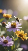 Bee-friendly garden design, colorful variety of blooming flowers in the summer, AI generated