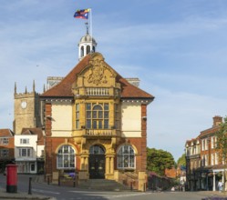 Historic town hall building in town centre of Marlborough, Wiltshire, England, UK