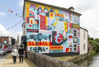 Colourful mural on wall of building by Salisbury Civic Society 2023, Fisherton Street, Salisbury,
