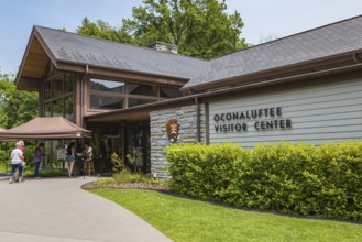 Exterior of the Oconaluftee Visitor Center at Great Smoky Mountains National Park near Cherokee,