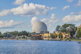 Spaceship Earth geodesic sphere behind the World Showcase Lagoon in Epcot at Walt Disney World in