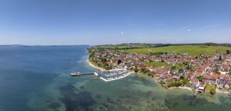 Luftbild, Panorama von der Bodenseegemeinde Hagnau, Winzerdorf und beliebter Ferienort am Bodensee,