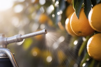 Lose-up of pesticide sprayer aimed at ripe oranges on tree. Concept of agricultural chemicals,