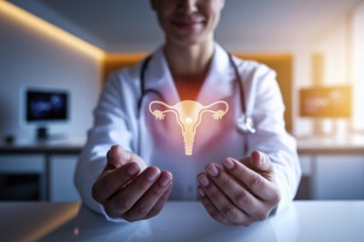 Doctor holding glowing virtual uterus hologram in modern medical gynecological practice or clinic.