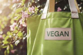 Reusable cotton grocery bag with vegan label in sunlight against green leaves, symbolizing