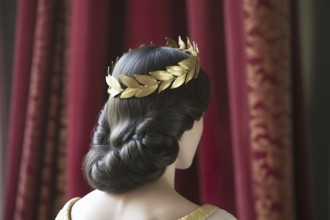 Woman in laurel crown seen from behind against crimson velvet. Elegant portrait symbolizes female