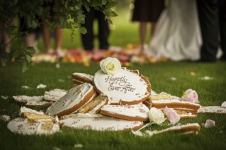 Shattered wedding cake with text 'Happily Ever After on green lawn symbolizes ruined marriage and