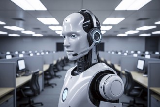White AI robot with headset in empty call center. Automation replacing human customer service roles