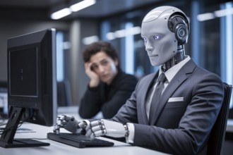 Humanoid robot in suit working on office computer as human watches. Corporate scene illustrates AI