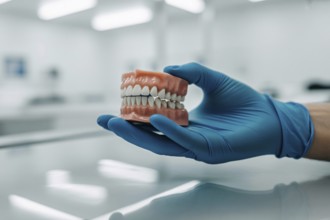 Gloved dental hand holding realistic teeth model. Clean clinical image representing precision,