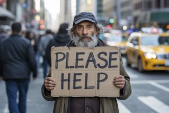 Elderly homeless man holding Please help sign on busy city street. Emotional image highlighting