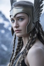 Valkyrie warrior with feathered helmet and braided hair in misty mountain landscape. Symbol of