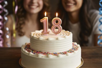 Cream birthday cake with pink 18 candle. Celebration scene marks the milestone of adulthood in many