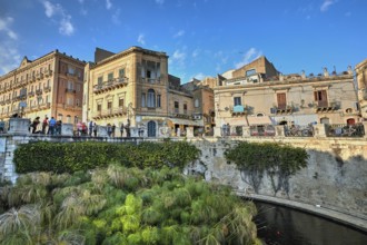 HDR, Largo Aretusa, Fonte Aretusa, Street scene with old buildings, people and vegetation under