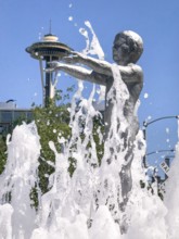 Father and Sun fountain by Louise Bourgeois with Space Needle in the background, Seattle,