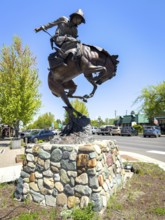 Bronze sculpture Attitude Adjustment by Austin Barton, Rodeo horse-rider, Joseph, Oregon, USA,