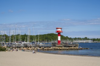 Harbour with lighthouse, sandy beach, town harbour, Eckernförde, Baltic Sea, Schleswig-Holstein,