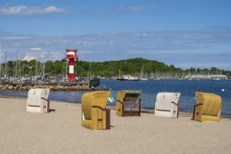 Lecuhtturm at the town harbour, beach chairs, sandy beach, spa beach, Eckernförde, Baltic Sea,