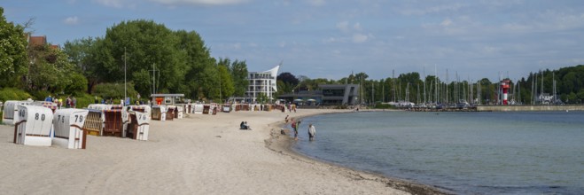 Beach chairs on the sandy beach, Baltic Sea Info Centre, Kurstrand, Eckernförde, Baltic Sea,