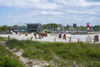 Beach chairs on the sandy beach, spa beach, town harbour, Baltic Sea Info Centre, Eckernförde,