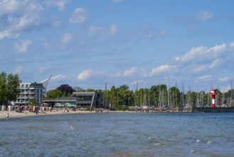 Baltic Sea information centre, lighthouse at the harbour, coastline, Eckernförde, Baltic Sea,