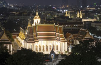 Panorama after sunset from Golden Mount to Wat Ratchanatdaram Worawihan and the Democracy Monument