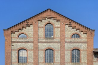 Gable of an old petrol factory, distillery, Germersheim, Palatinate, Rhineland-Palatinate, Germany