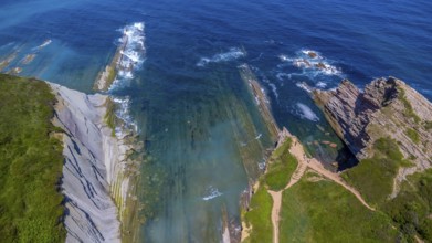 Breathtaking aerial view of the unique flysch rock formations along the coast of zumaia in the