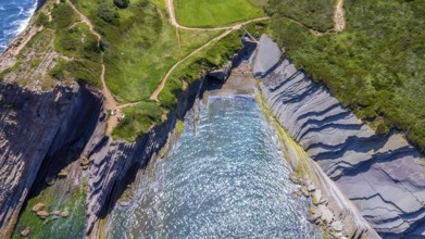 Aerial view of the impressive flysch cliffs of zumaia, basque country, spain, meeting the