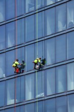 Detroit, Michigan - Window washers at the 25-story Residences Water Square luxury apartment