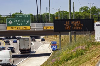 Detroit, Michigan - A message on an electronic road sign on Interstate 94 warns drivers about