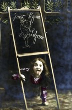 Blackboard caricature, 1920s, girl puts her head through a blackboard, twisted image, humorous and