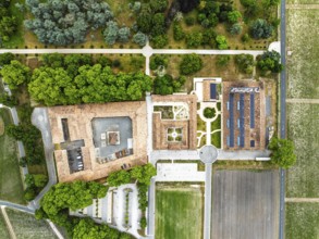Top Down view over Chateau d'Armailhac Vineyard and grape fields around Pauillac and Gironde