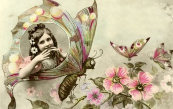Girl in a butterfly, 1930s, A girl in a vintage portrait surrounded by butterflies and flowers in