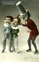 Ice ballet, 1920s, Three figures with oversized heads stand together in a comic scene, historical