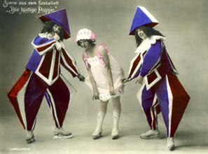 Ice ballet, 1920s, performers in eye-catching costumes interacting with a performer on skates,