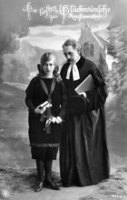 Girl with pastor, 1930, A pastor hands a book to a girl at a confirmation in a church, Historical