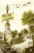 Baby for sale, 1910, A baby is humorously hung as a poster, with a picturesque landscape in the