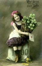 Girl with lucky clover, 1910, Girl with a bouquet of shamrocks and New Year's message, sitting on a