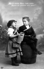 Boy and girl flirting, 1920, Boy and girl in old-fashioned clothes, in a humorous scene with